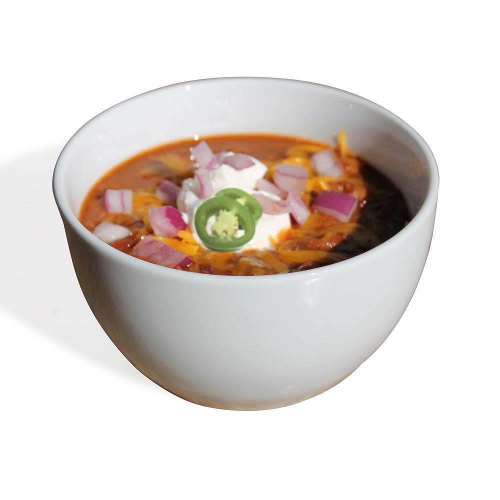 Housemade Chili · Whole tomatoes cooked down with onions, peppers, garlic, jalapenos with fresh ground beef and 3 kinds of beans.  Grated Cheddar, sour cream, diced onions and crackers on the side.