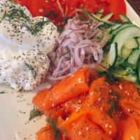 Goldie's Lox Platter · Lox, persian cucumber, roma tomato, red onion, whipped cream cheese, dill and a plain or eve...