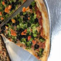 Veggie Pizza · Broccoli, tomatoes and black olives.
