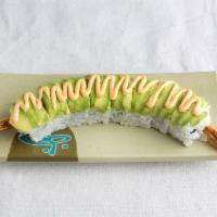 S34. Dragon Roll · 8 pieces. Shrimp tempura with spicy mayo, eel sauce and avocado on top.