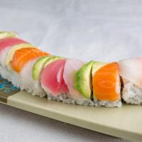 S50. Rainbow Roll · 8 pieces. Salmon, tuna, white fish, kani, avocado and cucumber.