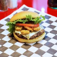 Fire Cracker Burger · Spicy hamburger. Cracked black pepper, jalapeno pepper coins, pepper jack cheese, lettuce, t...