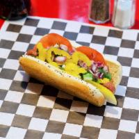 Chicago Frank · Pickle spears, mustard, red onions, sweet relish, cucumbers, hot banana peppers, tomatoes, c...