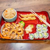 Shrimp Teriyaki Bento Box · Served with soup, salad, 2 pieces of shrimp tempura, 2 pieces of gyoza, 8 pieces of Californ...