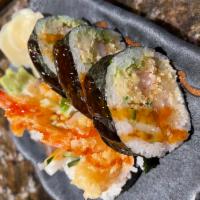 Tempura Narudo Roll · Crabmeat, shrimp tempura and avocado, wrapped with cucumber with spicy mayo and eel sauce on...