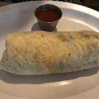 Breakfast Burrito · Eggs, potatoes, cheddar cheese and choice of bacon or sausage and salsa on the side.