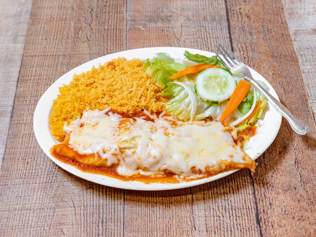 #14. Burrito Grande · Covered with cheese and special salsa served with rice, salad and your choice of meat: chicken, pork and ranch style steak.