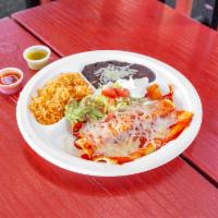 Enchiladas Plate · Stuffed tortilla topped with chili sauce.