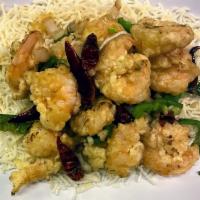 F14. Salt and Pepper Shrimp · Whole jumbo shrimp with shell baked with aromatic salt, then sauteed with ginger, hot pepper...