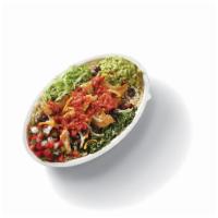 Fajita Chicken Burrito Bowl · Fajita chicken, lettuce, cilantro-lime rice, black beans, guacamole, pico de gallo, shredded...