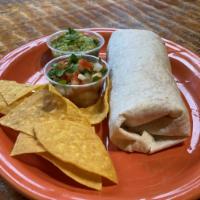 Regular Burrito · Beans, rice, choice of meat, guacamole and pico.