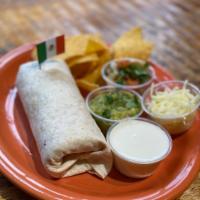 Super Burrito · Beans,rice, choice of meat, guacamole, sour cream, cheese and pico.