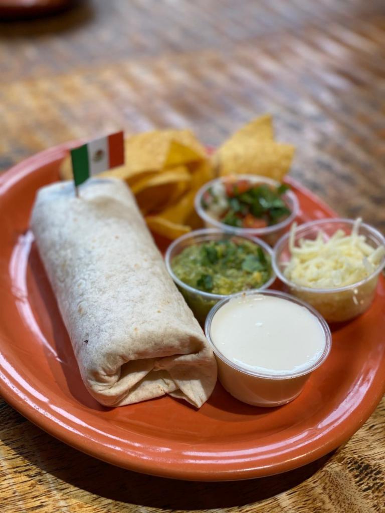 Super Burrito · Beans,rice, choice of meat, guacamole, sour cream, cheese and pico.