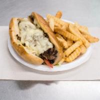 Philly Steak Pita Sandwich · Cheese, lettuce, tomato, mayonnaise, grilled peppers and onions.