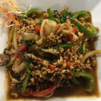 101. Spicy Basil Leaves · Stir fried basil leaves, bell pepper, garlic, chili, white onion, jalapeno and mushrooms. Se...