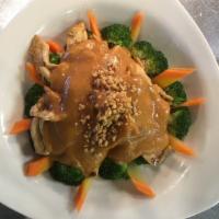 110. Yummy Rama Garden · Stir fried with delicious peanut sauce. Served with steamed broccoli and steamed rice. Spicy.