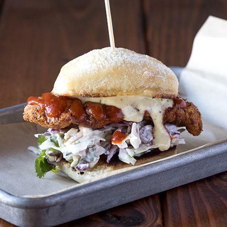 Tilikum Burger  · Buttermilk fried chicken, BBQ sauce, creamy slaw, aioli, on ciabatta.
