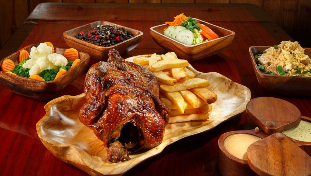 1 Whole Chicken Family Meal · Fresh whole chicken cut into 1/4s, Includes your choice of 3 Large Sides and ice cold 2 liter Soda.
                     Serves (3-4 people)