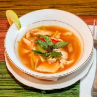 Tom Yum · Lemongrass hot and sour soup. Spicy soup of Thailand mushrooms, lime juice, imported lemongr...