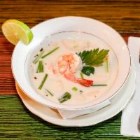 Tom Ka · Coconut lemongrass soup. A rich, smooth coconut based soup with import coconut milk, roasted...