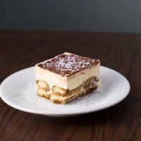 Tiramisu · Layers of sponge cake soaked in coffee and with powdered chocolate and mascarpone cheese.
