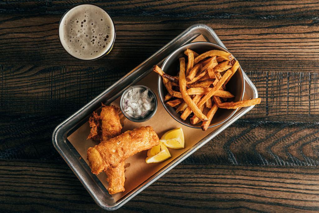 Hand-Battered Fish and Chips · Prime Atlantic cod hand-coated with housemade Foothills A Thousand Smiles Golden Ale beer batter. Fried to perfection and served with housemade remoulade and fresh cut fries.