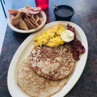 6. Combo Special Plate · 2 delicious pancakes, 2 scrambled or over easy eggs and choice of meat bacon, sausage, ham o...