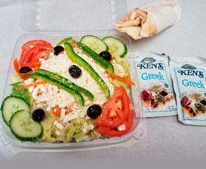Greek Salad · Garden salad with feta cheese and black olives. Served with pita bread and your choice of dressing.