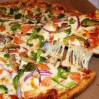 Grilled Chicken Veggie Pizza · Grilled chicken, fresh tomatoes, mushrooms, peppers, onions and mozzarella.