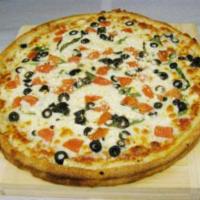 Mediterranean Pizza · Feta cheese, fresh tomatoes, olives, spinach and mozzarella.