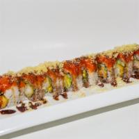 Hot Night Roll · Inside: shrimp tempura, cucumber and avocado. Outside: spicy tuna and crunch. Served with sa...