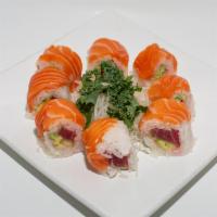 Orange Roll · Inside: tuna, cucumber and avocado. Outside: salmon and soy paper.