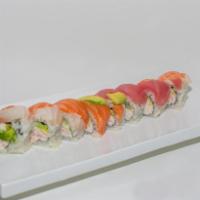 Rainbow Roll · Inside: cucumber, avocado and crabmeat. Outside: tuna, salmon, snapper, shrimp and avocado.