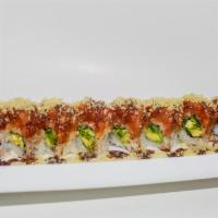 Roger roll · Inside: avocado, jalapeno and cilantro. Outside: spicy tuna and crunch on top. Served with s...