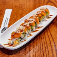 Sunrise Roll · Inside: shrimp tempura, cucumber and avocado. Outside: spicy salmon and crunch. Served with ...