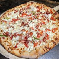 Goat Cheese Pizza · Bacon, onions, bell peppers, tomatoes, goat cheese, mozzarella and olive oil.