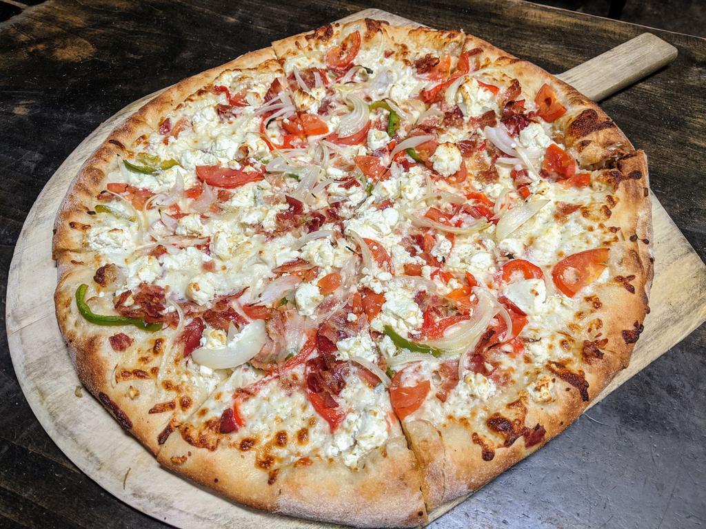 Goat Cheese Pizza · Bacon, onions, bell peppers, tomatoes, goat cheese, mozzarella and olive oil.
