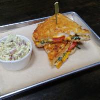 Taproom Grilled Cheese · Cheddar, swiss, american, fresh basil, tomato, on Parmesan crusted sourdough.