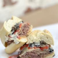 Blue Collar Dream Hot Sandwich · Oak-smoked tri-tip, jack cheese, grilled onions, roasted red bell peppers, roasted mushrooms...