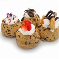 Custom Cookie Dough Scoop · Served with choice of 1 frosting and 1 topping.