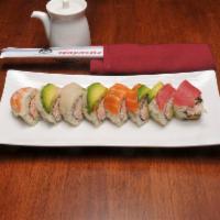 Rainbow Roll · California roll topped with tuna, shrimp, salmon, snapper and avocado.