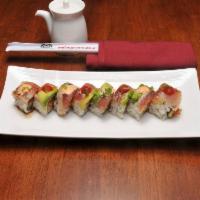 Aloha Roll · Hot or mild. Spicy tuna roll topped albaco tuna, avocado with ponzu and spicy sauce.
