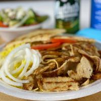 Chicken Gyro Plate · Seared layers of seasoned chicken, broiled on a vertical skewer. Thinly sliced and served wi...