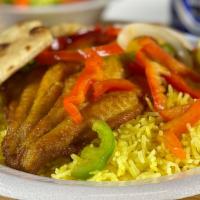Catfish Plate · Catfish fried and served with grilled red and green peppers, rice, pita bread, salad, and ou...