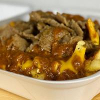 Chili Cheese Gyro Fries · Large french fries with chili, gyro meat and cheddar cheese.