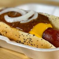 Chili Cheese Dog · Our all-beef hot dog smothered in chili, cheddar cheese, and onions.