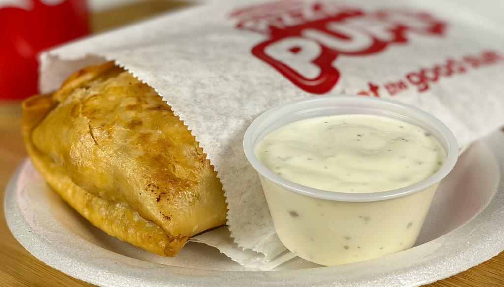 Pizza Puff · A Chicago tradition, deep-fried and delicious - A mixture of pizza sauce, ground pork, and mozzarella.