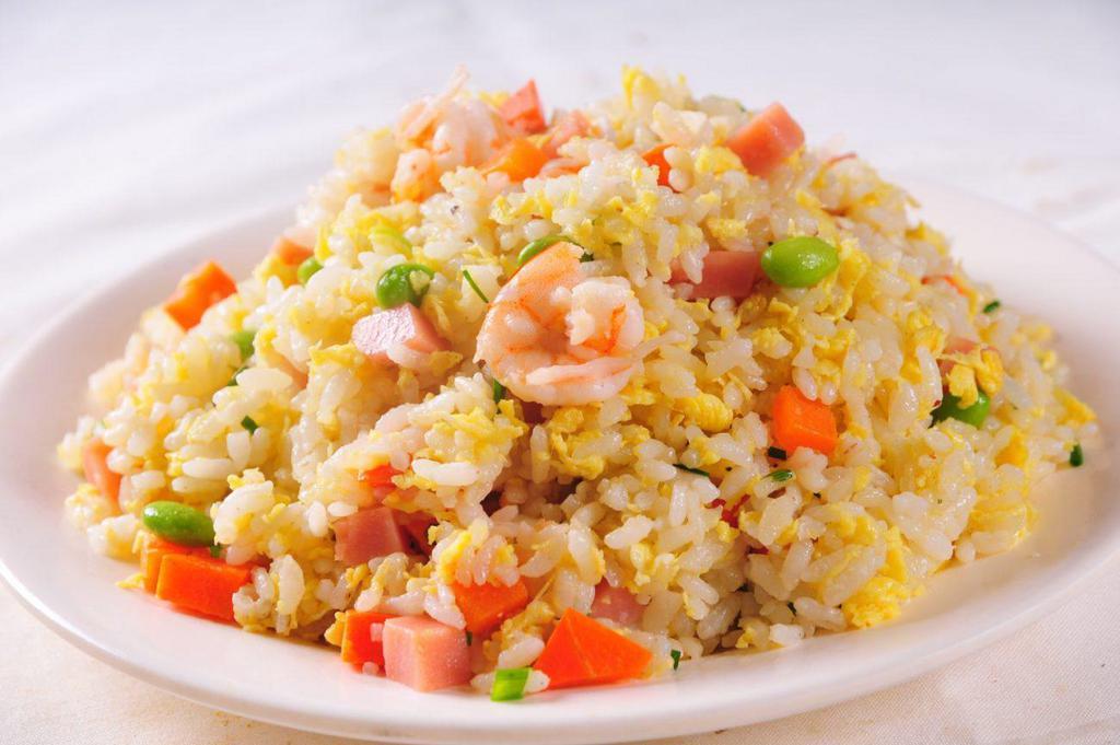 Yangzhou Fried Rice 扬州炒饭 · Diced Spam, cooked shrimp, chicken, scallions,  eggs yolks, peas, carrots