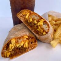 Breakfast Warp Wrap Combo · An everything wheat tortilla stuffed with a crispy hash brown, JUST “egg” patty, house flavo...