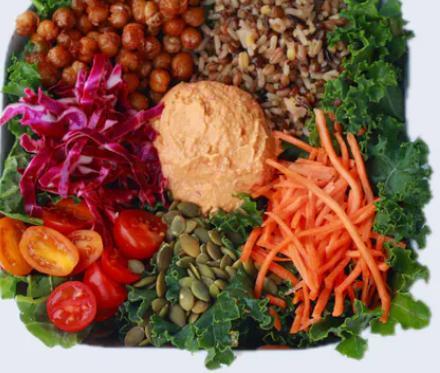 Plant Protein Bowl · Signature kale salad, carrots, pickled cabbage, garbanzo beans, cherry tomatoes, pumpkin seeds, ancient grain mix, and hummus.